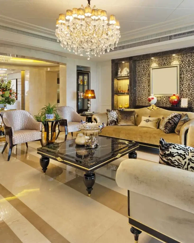 Elegant living room with plush seating, crystal chandelier, and luxury vibes of living in Binghatti Skyhalls.