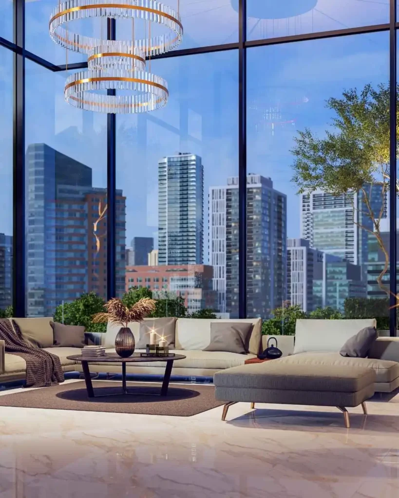 A luxurious living room with a view of Dubai’s skyline, showcasing modern design and elegance.